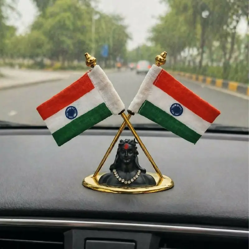 Dual Indian Flag Dashboard Stand With Mini Shiva Idol – Car Interior Accent 1