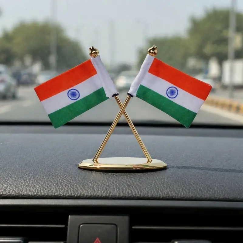 Dual Indian Flag Desk & Dashboard Stand – Sleek Metal Decorative Flag Holder 1