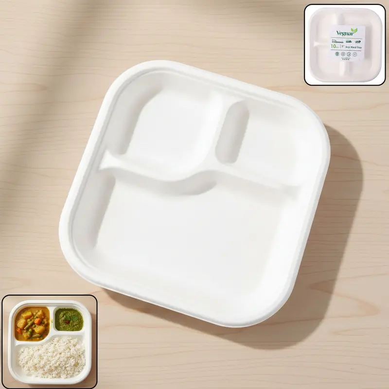 Eco-Friendly Bagasse Meal Plate – 3-Section Compostable Square Tray 1