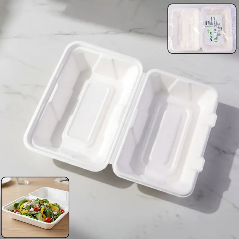 Eco-Friendly Vegnar Bagasse Clamshell Food Containers (10-Pack, 9×6 In) 1