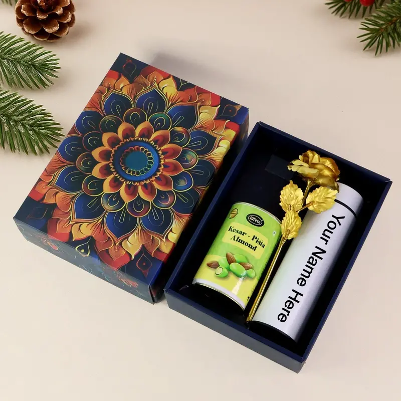 Elegant 3-Piece Insulated Bottle Set Featuring Kesar Pista, Golden Rose & Custom Art 1