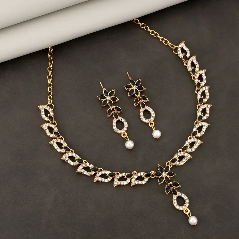 Elegant Black & White Crystal Flower Necklace Set With Pearl Drop 1