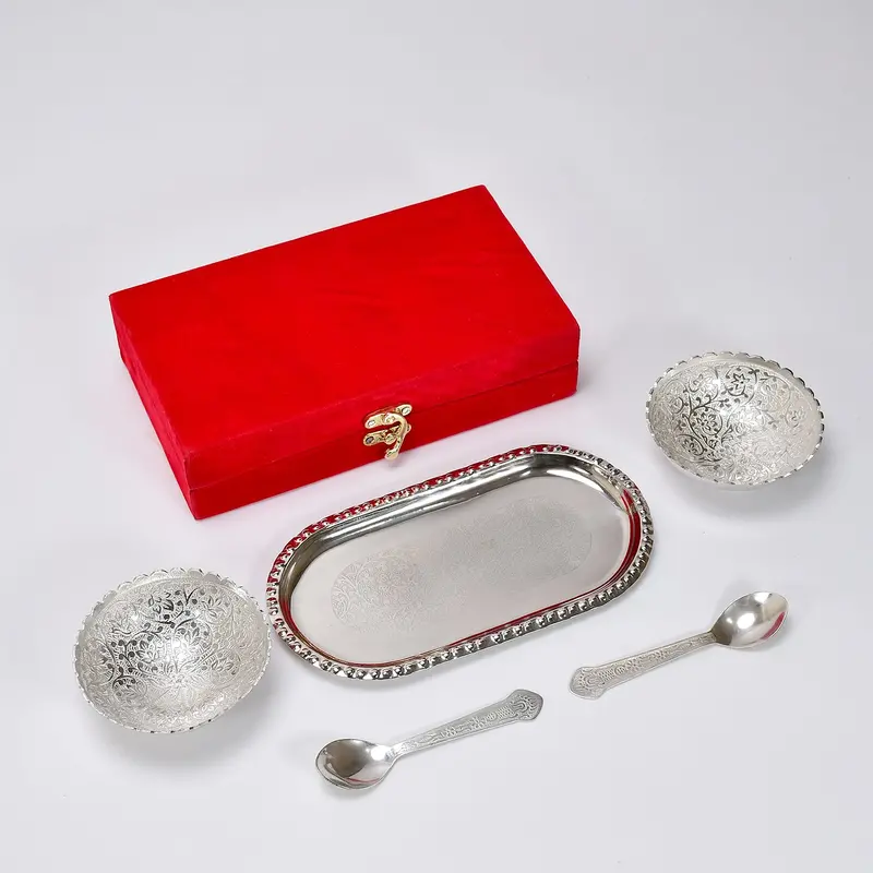 Elegant Brass Bowl And Spoon Set – Silver-Plated Serving Duo In Velvet Gift Box 1