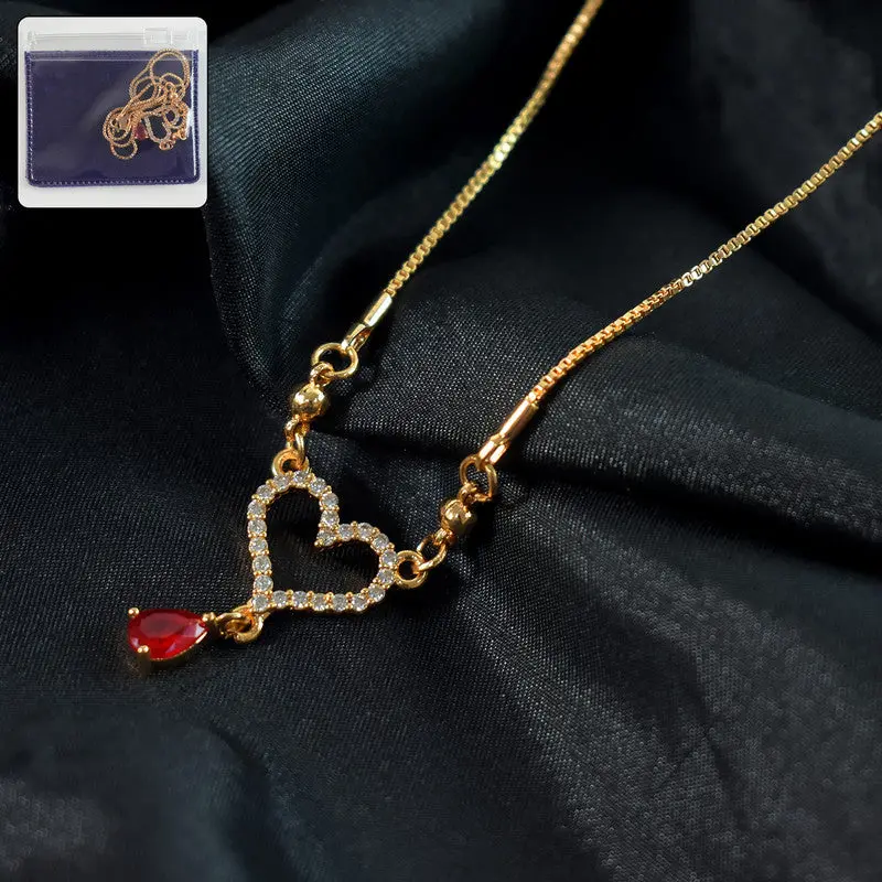 Elegant Gold-Plated Heart Necklace With Red Crystal Accent For Women 1
