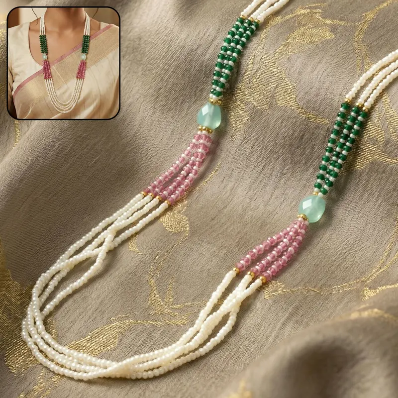 Elegant Layered Pearl Necklace With Soft Pastel And Green-Pink Stones 1
