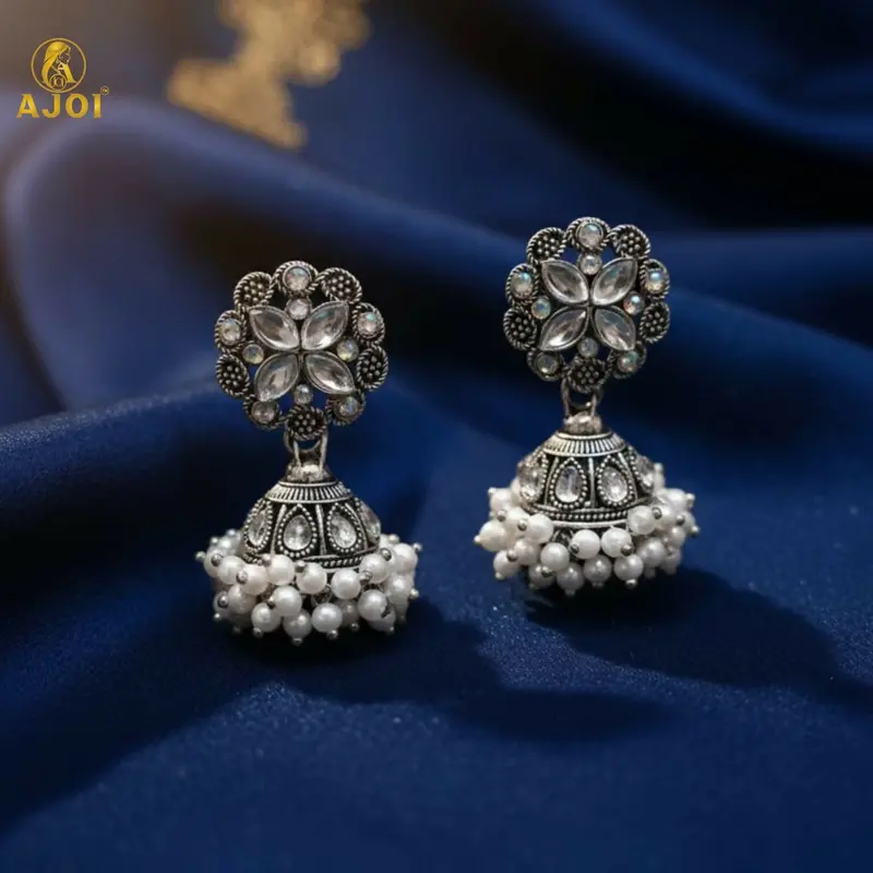 Elegant Oxidized Silver Floral Jhumkas With Pearl Drops 1