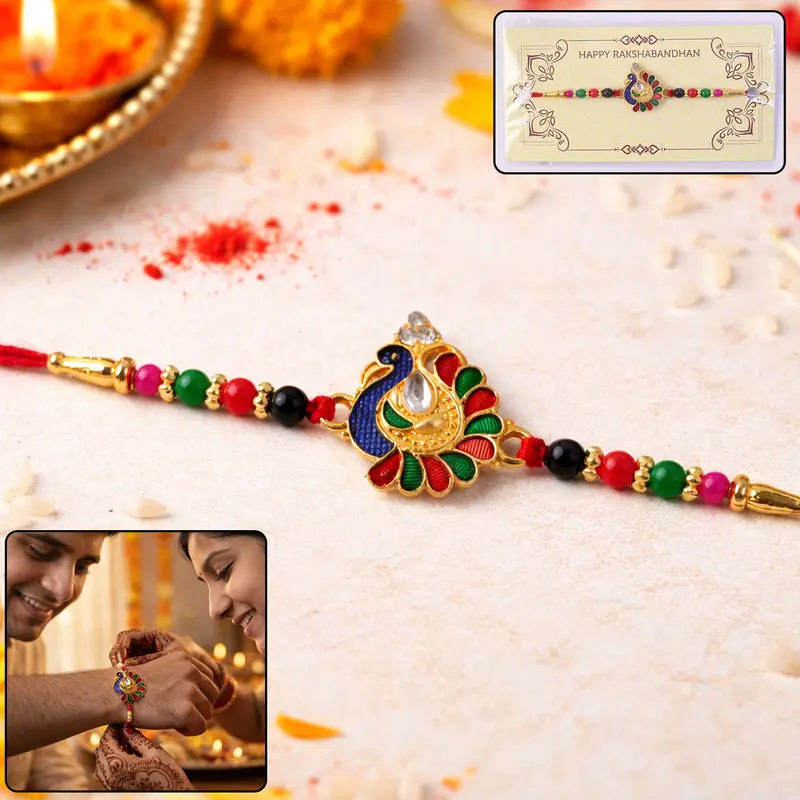 Elegant Peacock Rakhi – Sophisticated Feather Motif In Gold-Toned Finish 1