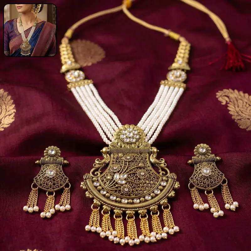 Elegant Pearl And Gemstone Bridal Jewelry Set – Necklace & Matching Earrings 1