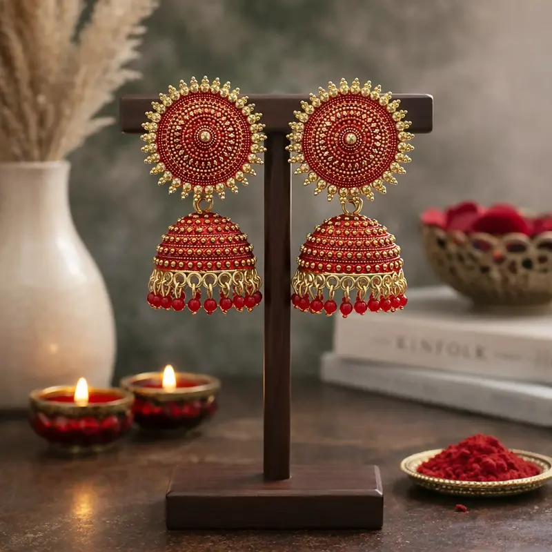 Elegant Red Oxidized Jhumka Earrings – Traditional Craftsmanship 1