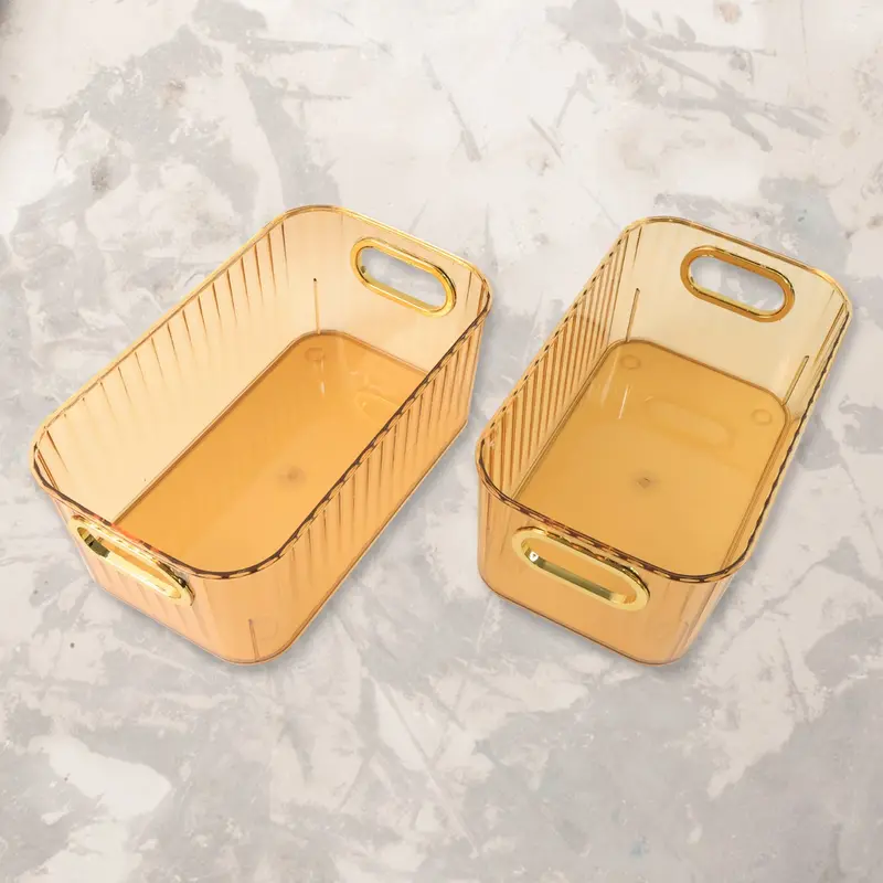 Elegant Ribbed Acrylic Storage Basket – Gold-Handle Organizer (25×14 Cm, 2-Pack) 1