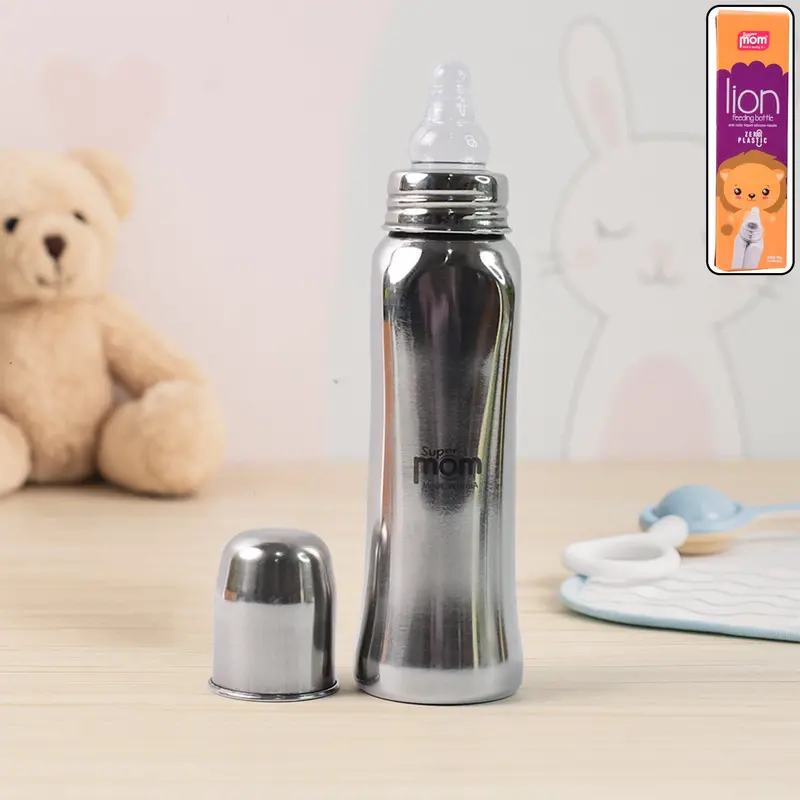Ergonomic Stainless Steel Baby Feeding Bottle – 250Ml, Supermom Lion Design 1