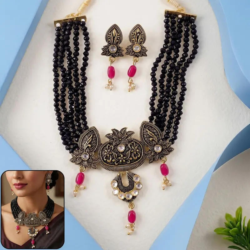 Ethnic Black Beaded Necklace & Earrings Set – Elegant Adjustable Ethnic Jewelry 1