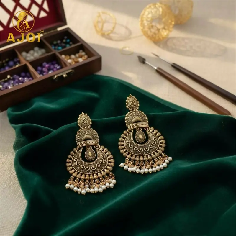 Ethnic Gold-Tone Earrings With Lustrous Pearl Drops For Traditional Wear 1