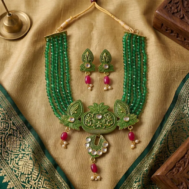 Ethnic Green Beaded Necklace & Earrings Set – Vibrant Handmade Thread Jewelry 1