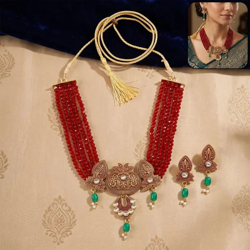 Ethnic Maroon Beaded Necklace & Earrings Set – Adjustable Thread Jewelry 1