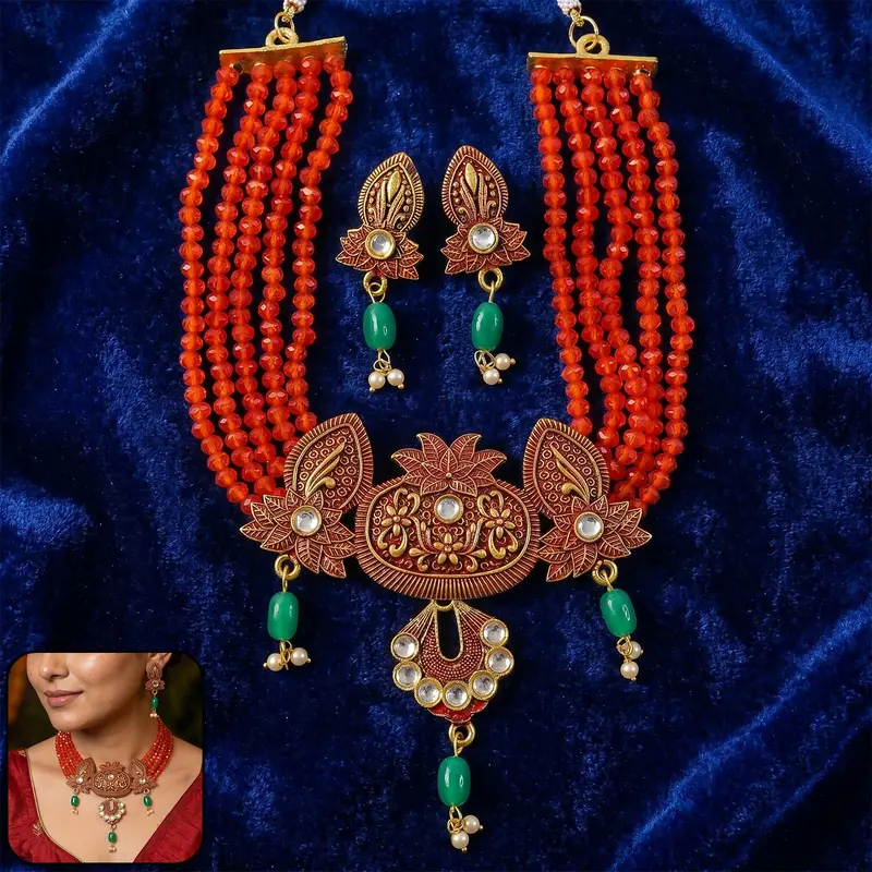 Ethnic Red Beaded Necklace & Earrings Set – Traditional Adjustable Jewelry Ensemble 1