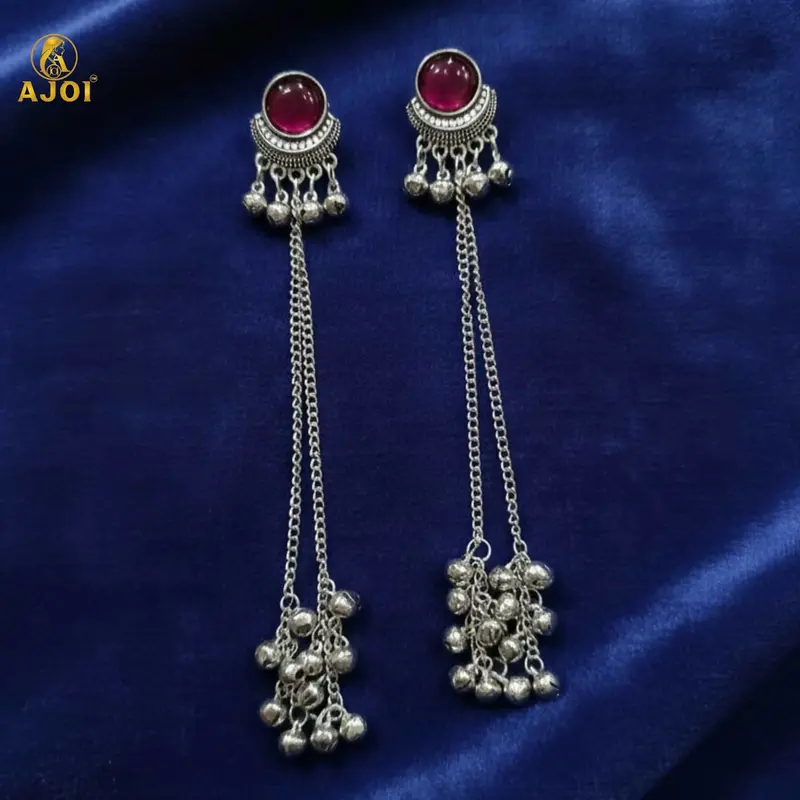 Ethnic Silver-Plated Round Long Earrings Featuring Ghungroo Drops 1