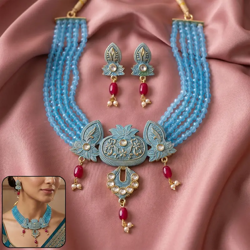 Ethnic Sky-Blue Beaded Necklace & Earrings Set – Handcrafted Thread Jewelry 1