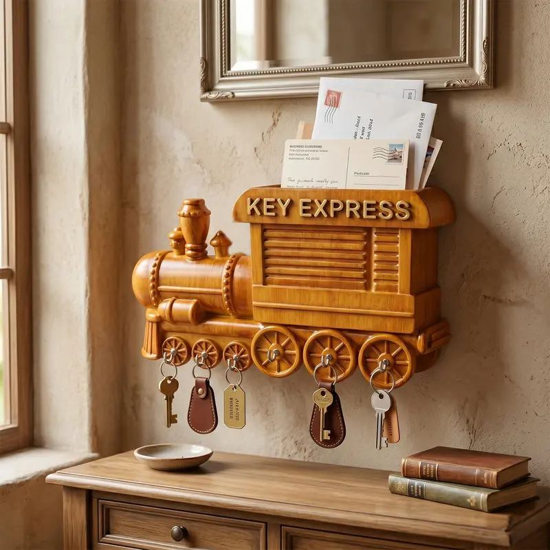 Express Train Wooden Key Rack – Functional Wall Organizer With Hook Storage 1