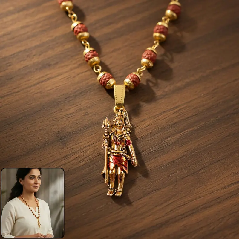 Exquisite Shiv Ji Gold Pendant With Hand-Strung Rudraksha Bead Necklace 1