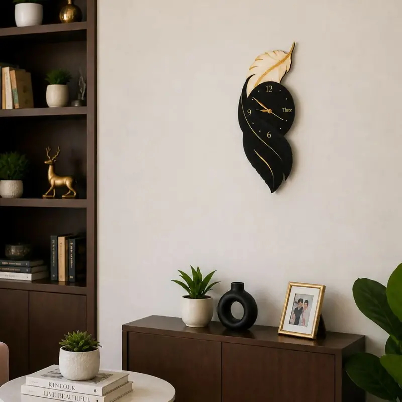 Feather-Themed Wall Clock – 15×7 Inch Mdf Uv-Printed Black & Gold Decor 1