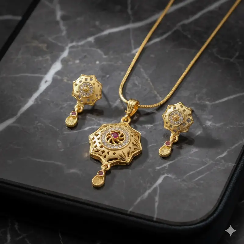 Floral Disc Gold Jewelry Set: Pendant & Matching Earrings For Women 1