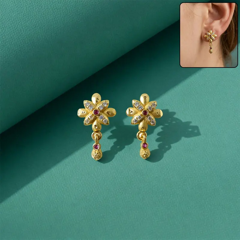 Floral-Motif Gold-Plated Drop Earrings – Lightweight Everyday Accessories 1
