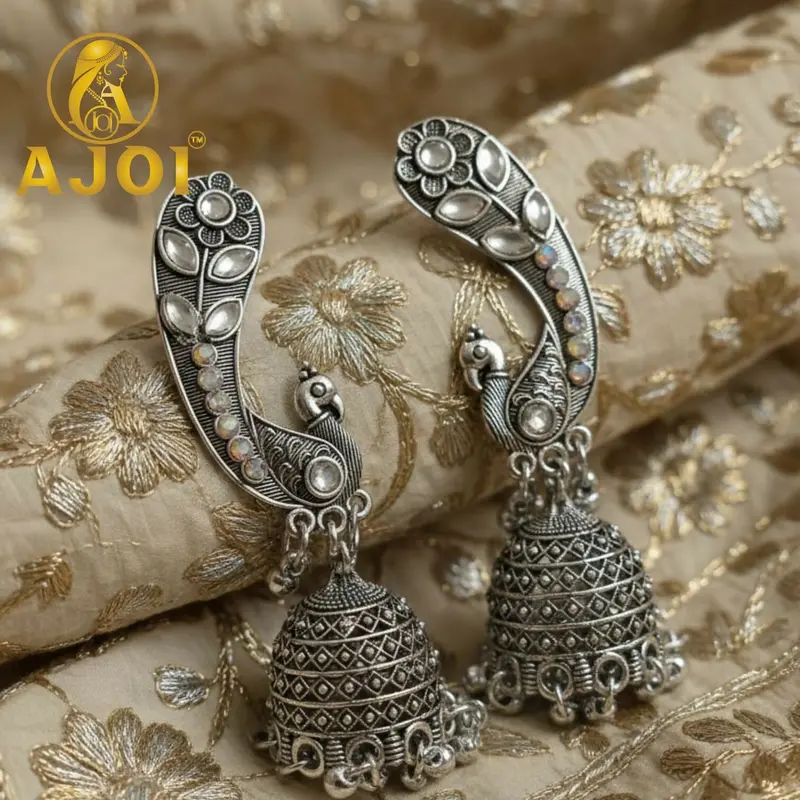 Floral Peacock Hoop Earrings – Ornate Handcrafted Statement Jewelry 1