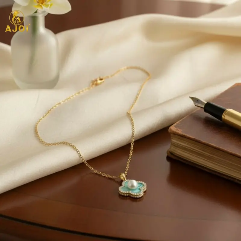 Floral Pendant Necklace In Gold Plating With Pearl Accents And Mint Enamel 1
