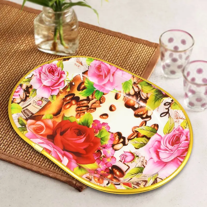 Floral-Print Plastic Serving Tray Set – 3-Piece Assorted Colors 1