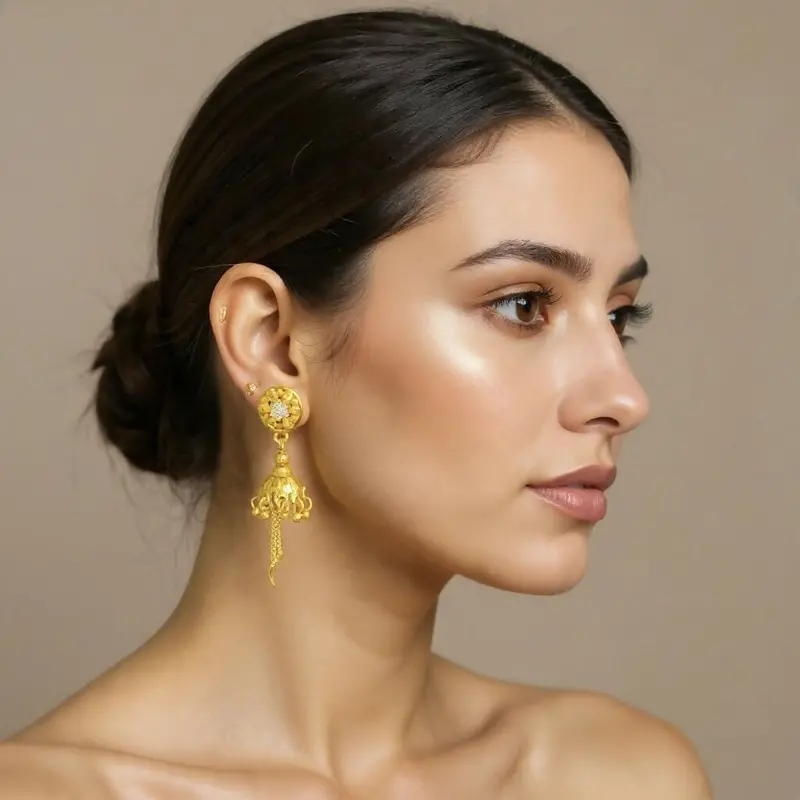 Floral Round Stud-Jhumka Hybrid Earrings With Graceful Chain Drops 1