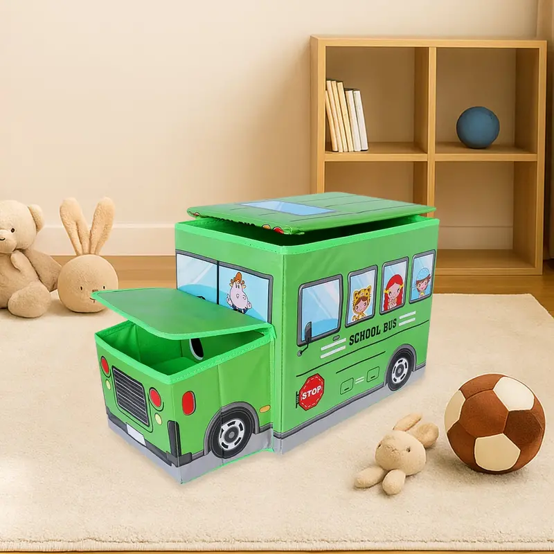 Foldable Bus-Shaped Toy Storage Bin – Fabric-Covered, Lid-Top Organizer For Kids’ Rooms & Play Areas 1
