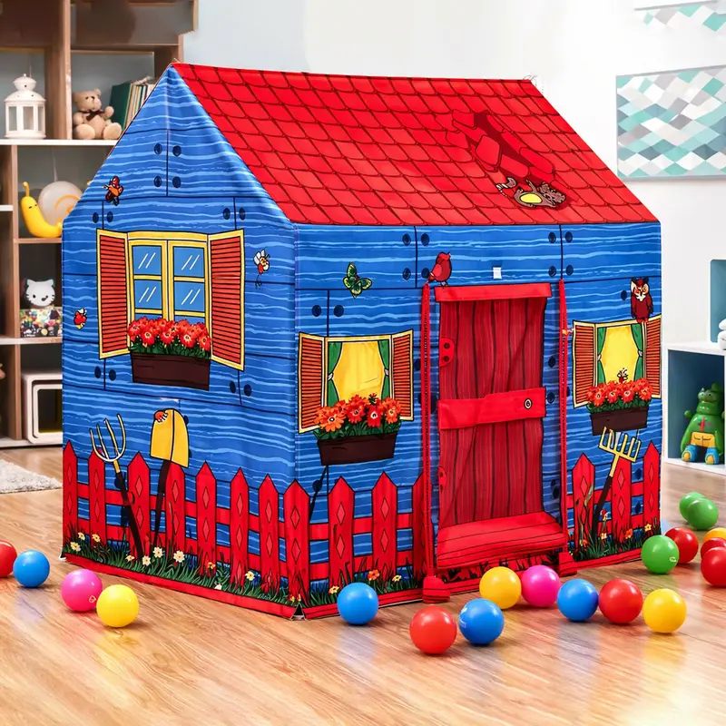 Foldable Kids’ Play Tent – Blue & Red Cottage-Themed Indoor/Outdoor Fort 1