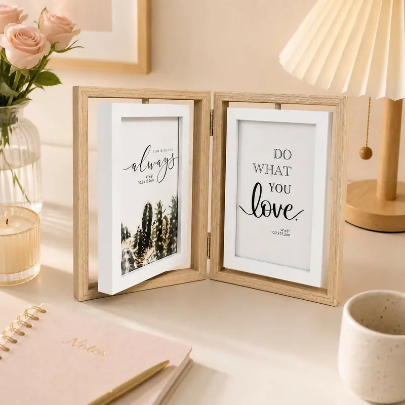 Folding Wooden Double Photo Frame – Compact 4X6 Tabletop Display Stand 1