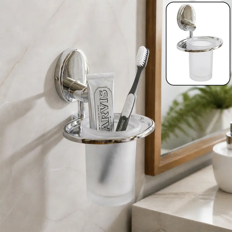 Frosted Glass Toothbrush Holder – Stainless Steel Wall Mount With Integrated Tumbler For Hygienic Storage 1