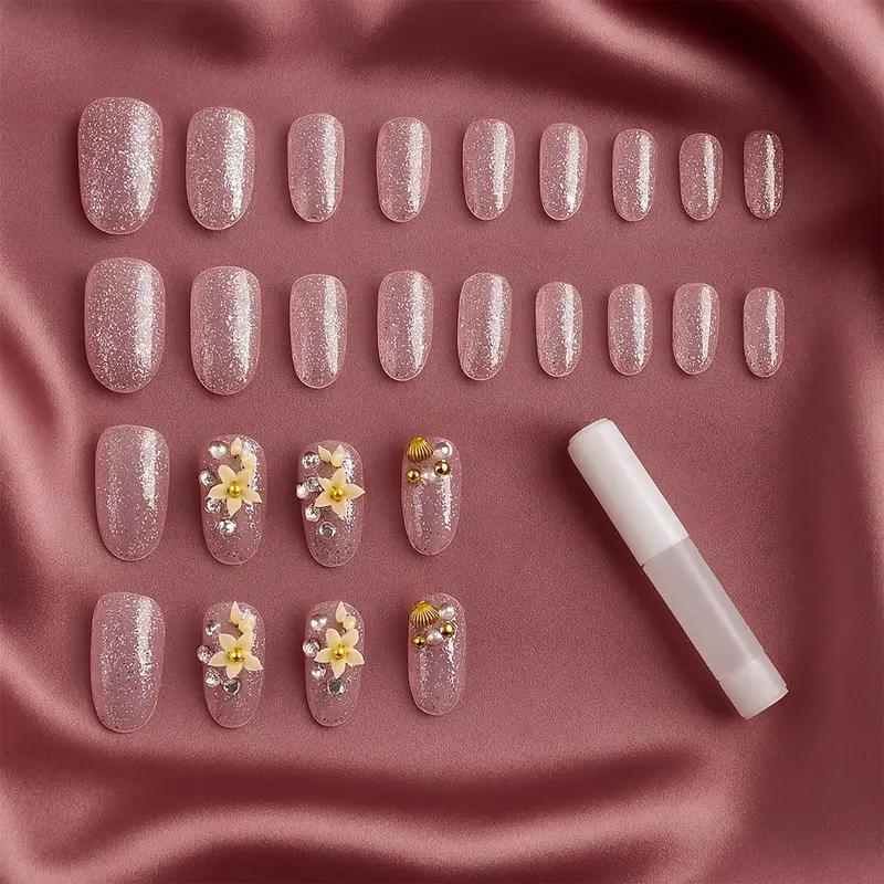 Glitter 3D Floral Press-On Nail Tips Kit With Adhesive Glue 1