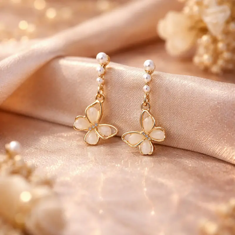 Gold Butterfly Pearl Drop Earrings – Floral-Inspired Elegant Jewelry For Women 1