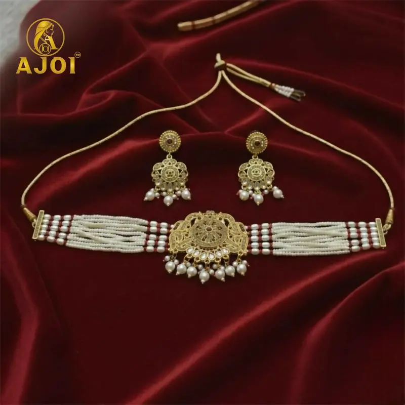 Gold-Finish Traditional Necklace And Earring Set With Cultured Pearls 1