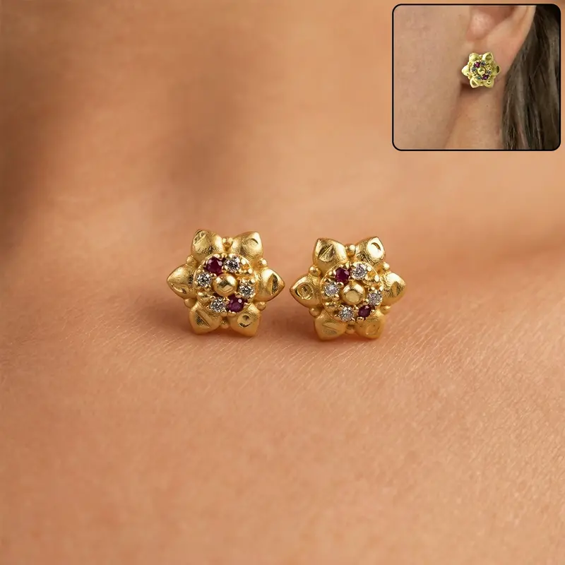 Gold Floral Stud Earrings With Ornate Stone Embellishment 1