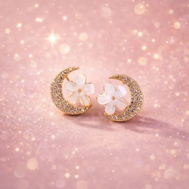 Gold Moon & Flower Crystal Stud Earrings – Delicate Celestial Jewelry For Women 1