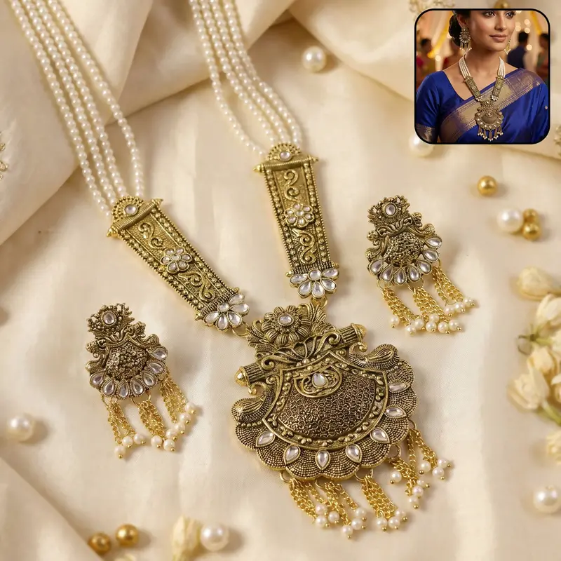 Gold & Pearl Jewelry Set – Exquisitely Detailed Necklace And Matching Earrings 1
