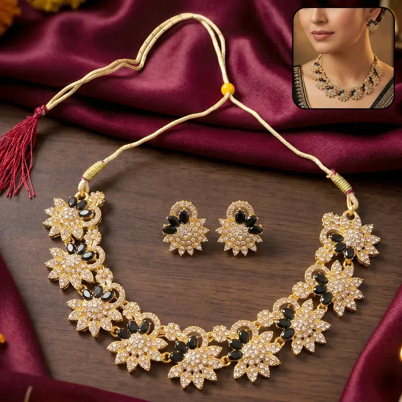 Gold-Plated Black Stone Jewelry Ensemble – Elegant Necklace & Earring Pair 1
