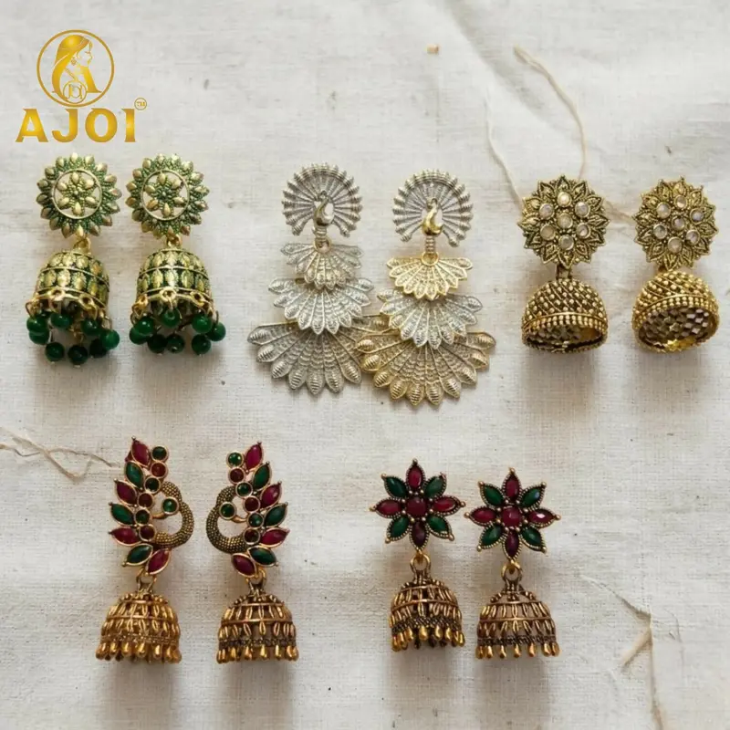 Gold-Plated Ethnic Earrings Set: Jhumka & Peacock Designs – 5-Piece Ensemble 1