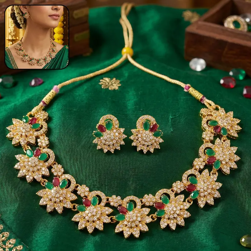 Gold-Plated Festive Jewelry Set – Necklace & Earrings Featuring Red And Green Gemstones 1
