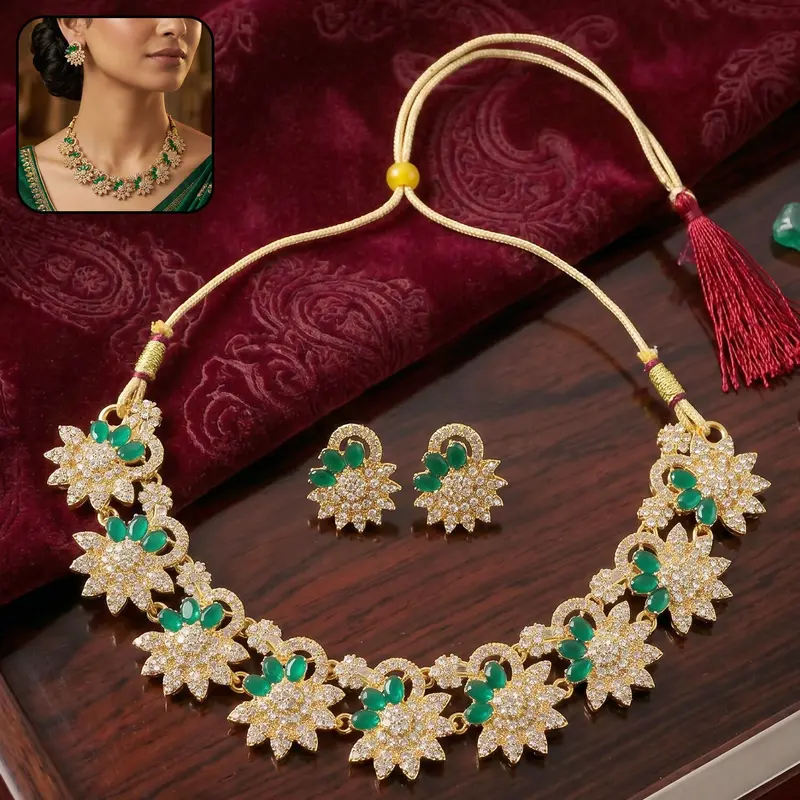 Gold-Plated Green Gemstone Jewelry Set – Timeless Necklace & Earring Ensemble 1