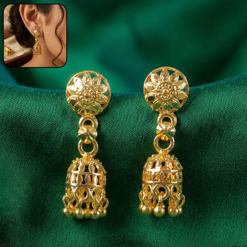 Gold-Plated Jhumka Earrings With Artisan Chain Design – Elegant Event Wear 1