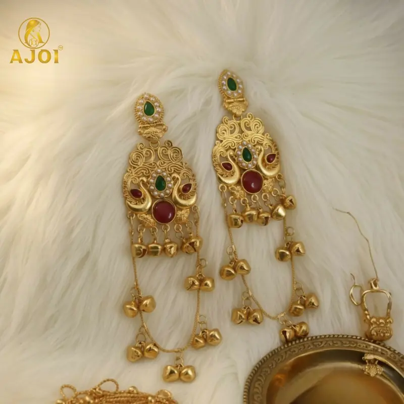 Gold-Plated Kashmiri Ghungroo Earrings – Green & Ruby Stone Traditional Jewelry 1