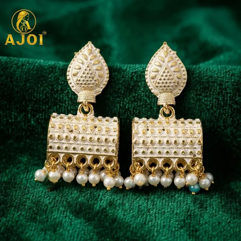 Gold-Plated Pearl Drop Earrings With White Ethnic Motif 1