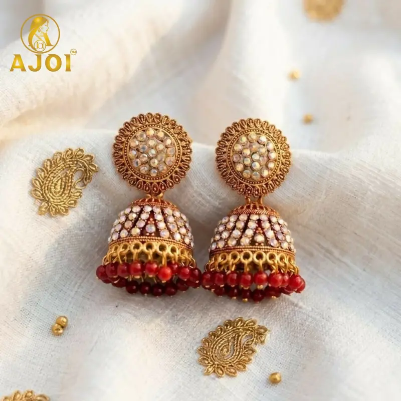 Gold-Plated Pearl Jhumka Earrings – Red Bead Drop Accent For Festive Wear 1