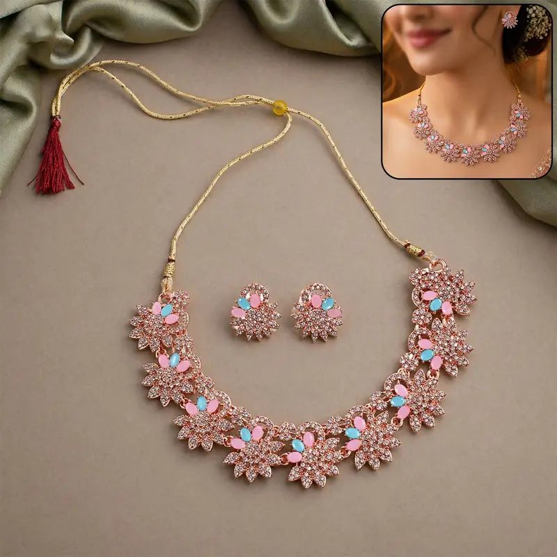 Gold-Plated Pink & Blue Gemstone Jewelry Set – Bold Necklace And Earring Pair 1